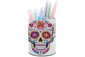 FekiLoot Sugar Skull Round Pen Holder Non Slip Pencil Organizer PU Leather Makeup Brush Storage Organizer Personalized Pen Cu
