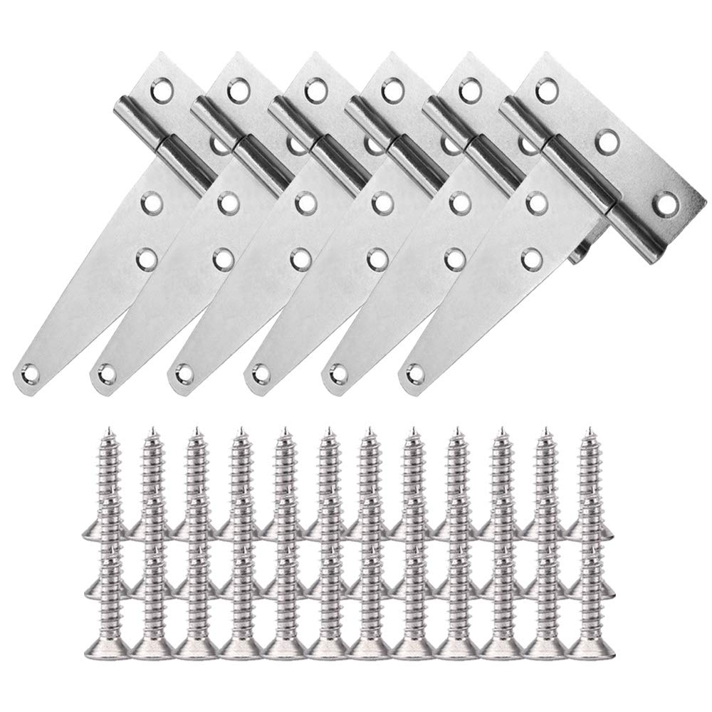 YOFASEN T-Hinge - T-Strap Hinges White Zinc Gate Door Barn Gates Hinges for Windows, Fence, Sheds, 4 inch/6 Pcs