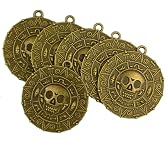 6pcs Pirates of The Caribbean Gold Skull Coin Treasure Charms Pendants Necklace, Vintage Skull Medallion for Gift Reward