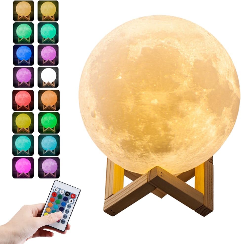 3D Moon Lamp Touch Table Lamp 15cm/5.9inch Mksutary Night Light 16 Color RGB Remote Control with USB Chargable LED Night Light Magical Lunar Table Lamp Moonlight Gift Two Tone Touch Sensor with Wooden Holder