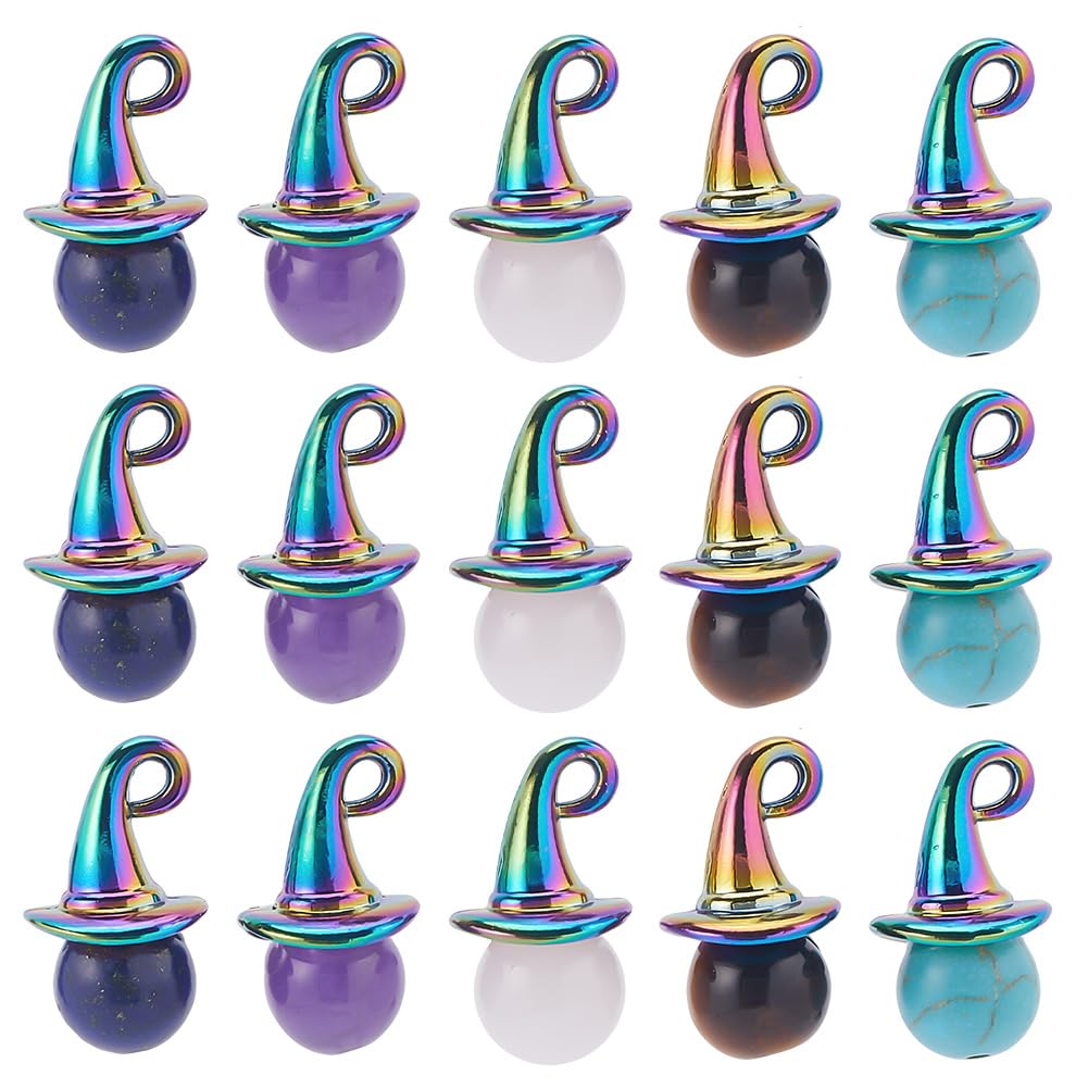 SUNNYCLUE 1 Box 20Pcs Wizard Hat Charms Witch Hat Charm Halloween Rainbow Color Miniature Hat Charm Gemstone Bead Tiger Eye Amethyst Crystal Bead Magic Hat Charms for Jewellery Making Charms DIY Craft