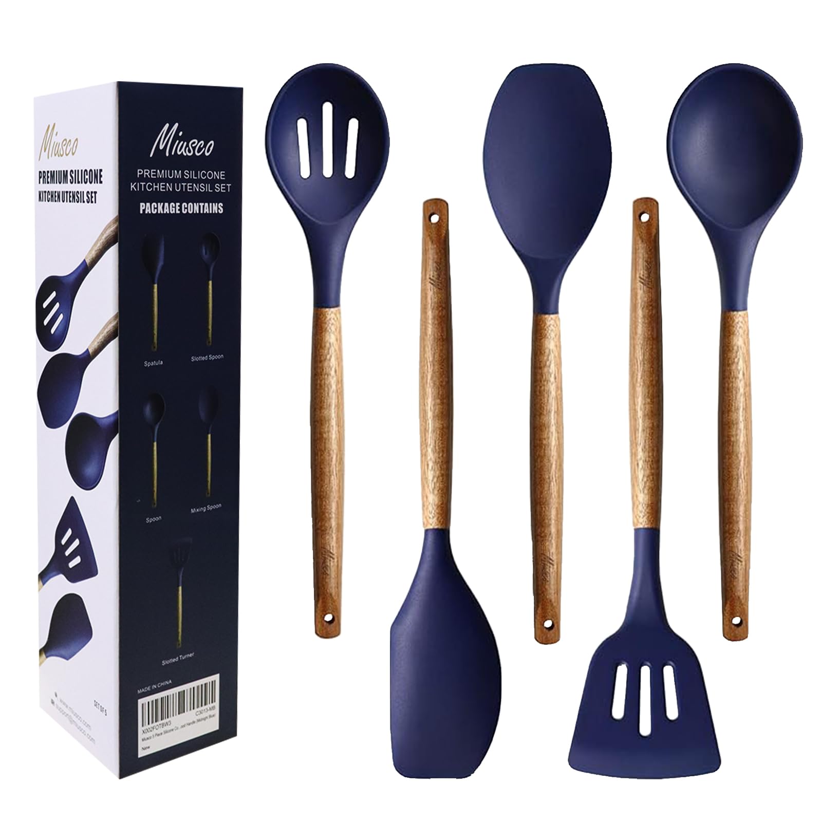 Miusco Silicone Cooking Spoon Set, Non-Stick Silicone Kitchen Utensils Set, 5 Pieces, Kitchen Utensil Set with Acacia Hardwood Handle, Blue, BPA-Free, Silicone Kitchen Utensils Set for Baking & — image 1