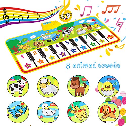 Tencoz Musical Piano Mat, Keyboard Play Mat Portable Musical Blanket with 8 Animal Sounds Dance Mat Educational Toy Gift for Kids Toddler Girls Boys, 53.2 x 23.6 inches