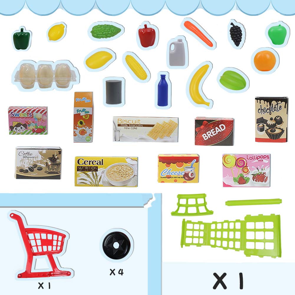 Nuheby Carrito de Compra Infantil Supermercado de Juguetes con Frutas Vegetales y Alimentos Falsos Juguete de Cocina en Miniatura 3 Años Juguete Educativo Temprano (27 Piezas)