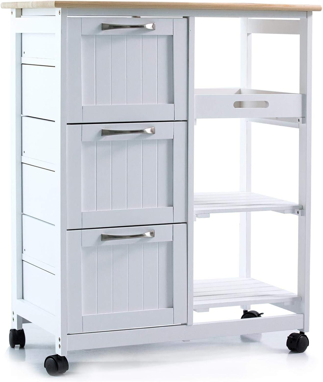 Anaterra Küchenwagen rollbar mit Arbeitsplatte aus Kiefernholz weiß (10002712)