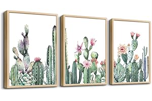 TTHYUEWS Wall Art For Living Room Wood Framed Wall Decor For Bedroom Canvas Framed Prints Art Green Succulent Cactus Wall Paintings Leaves Pictures Artwork Office Wall Art Kitchen Home Decoration