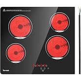 TOPWISH 24 Inch Electric Cooktop, 4 Burners Electric Stove Top Hot Plate | 6000W Built-in Ceramic Cooktop Kitchen Stoves with Touch Control, Safety Lock, Timer, 220-240v (Hard Wired No Plug)