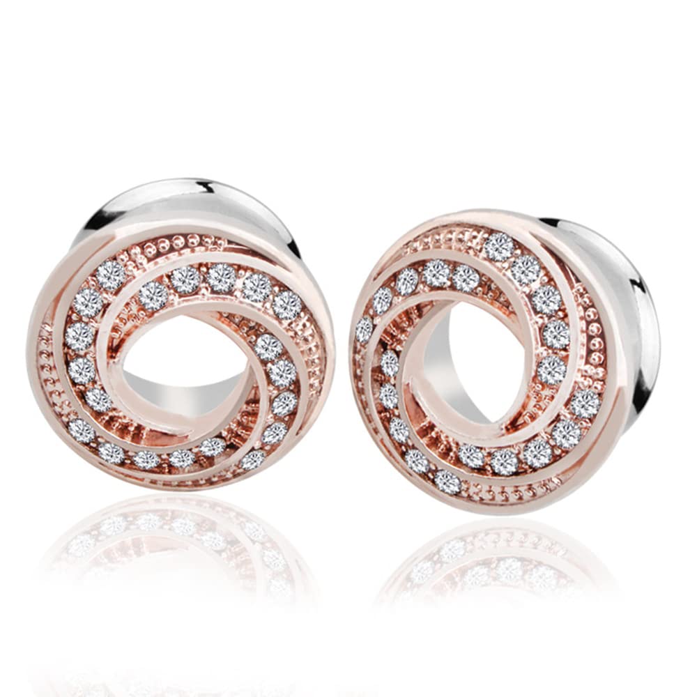 Pair of Stainless Steel Rhinestone Crystal Ear Tunnel Plugs Gauges Expanders Cubic Zirconia Body Piercing Earrings Plug Fashion Jewelry Gifts for Women Girls (Rose Gold-1/2"(12mm))