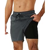 SILKWORLD Mens Swimming Trunks with Compression Liner 2 in 1 Quick-Dry Swim Shorts with Zipper Pockets