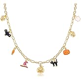 Halloween Charm Necklace for Women, Nightmare before Christmas Horror Party Long Chain Charm Necklace, Jack-o'-lantern Pumpkin Skull Bats Candy Witch Hat Cat Ghost Halloween Costume Party Jewelry Gift