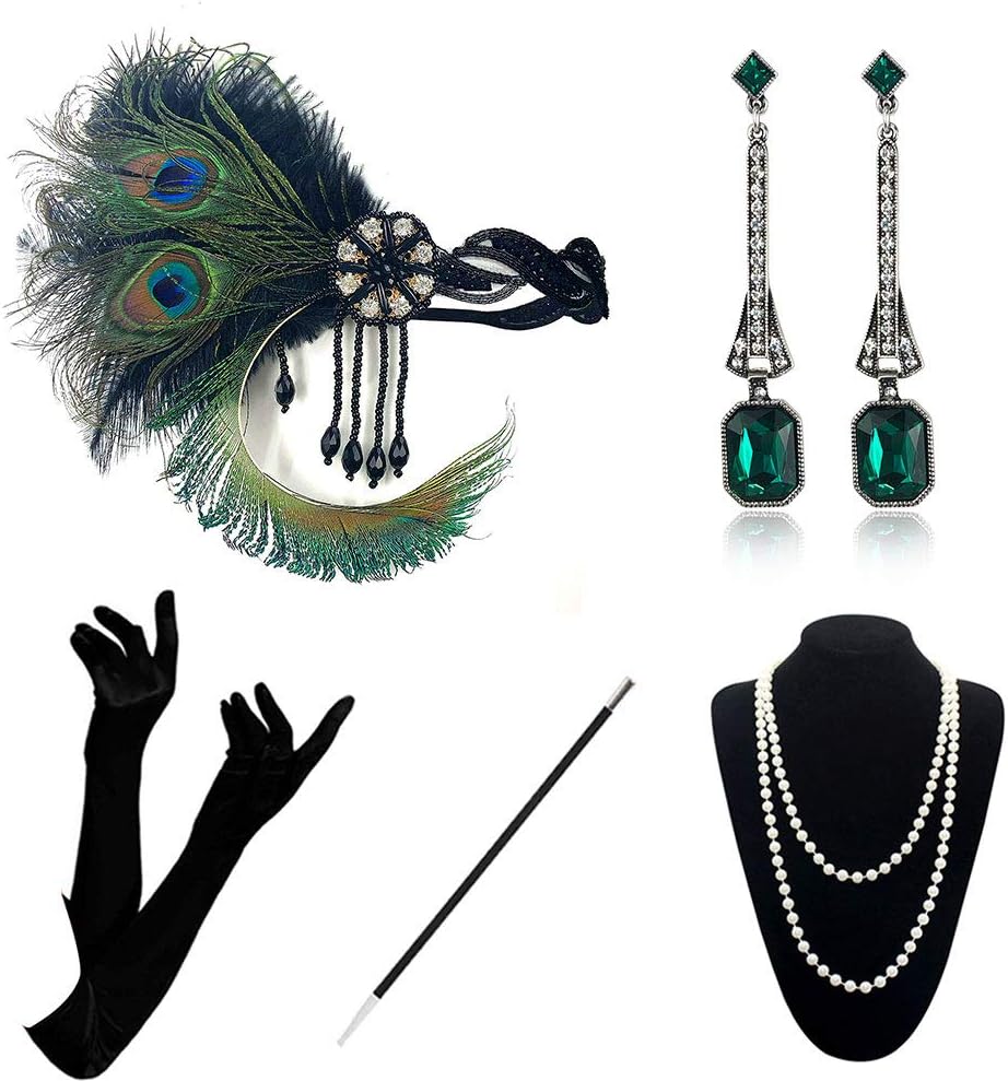 1920 Accessories Set - 1920s Flapper Costume Fancy Dress Gastby Accessories Vintage Feather Headband With Long Gloves For Women