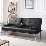 Yaheetech Faux Leather Click Clack 3 Seater Sofa Bed with Cup Holders Black view 5