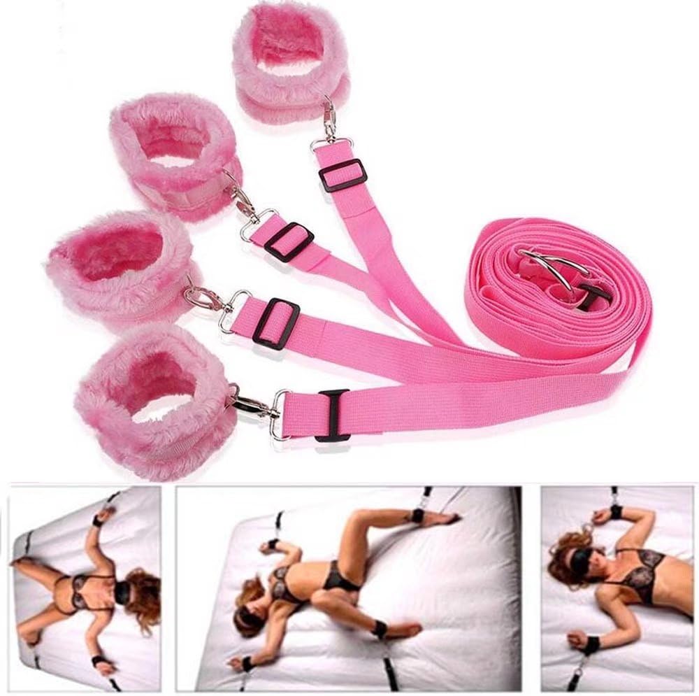 Briviee Under Bed Restraint Kit Soft Wrist and Ankle Cuffs Adjustable Stap (Pink-1)