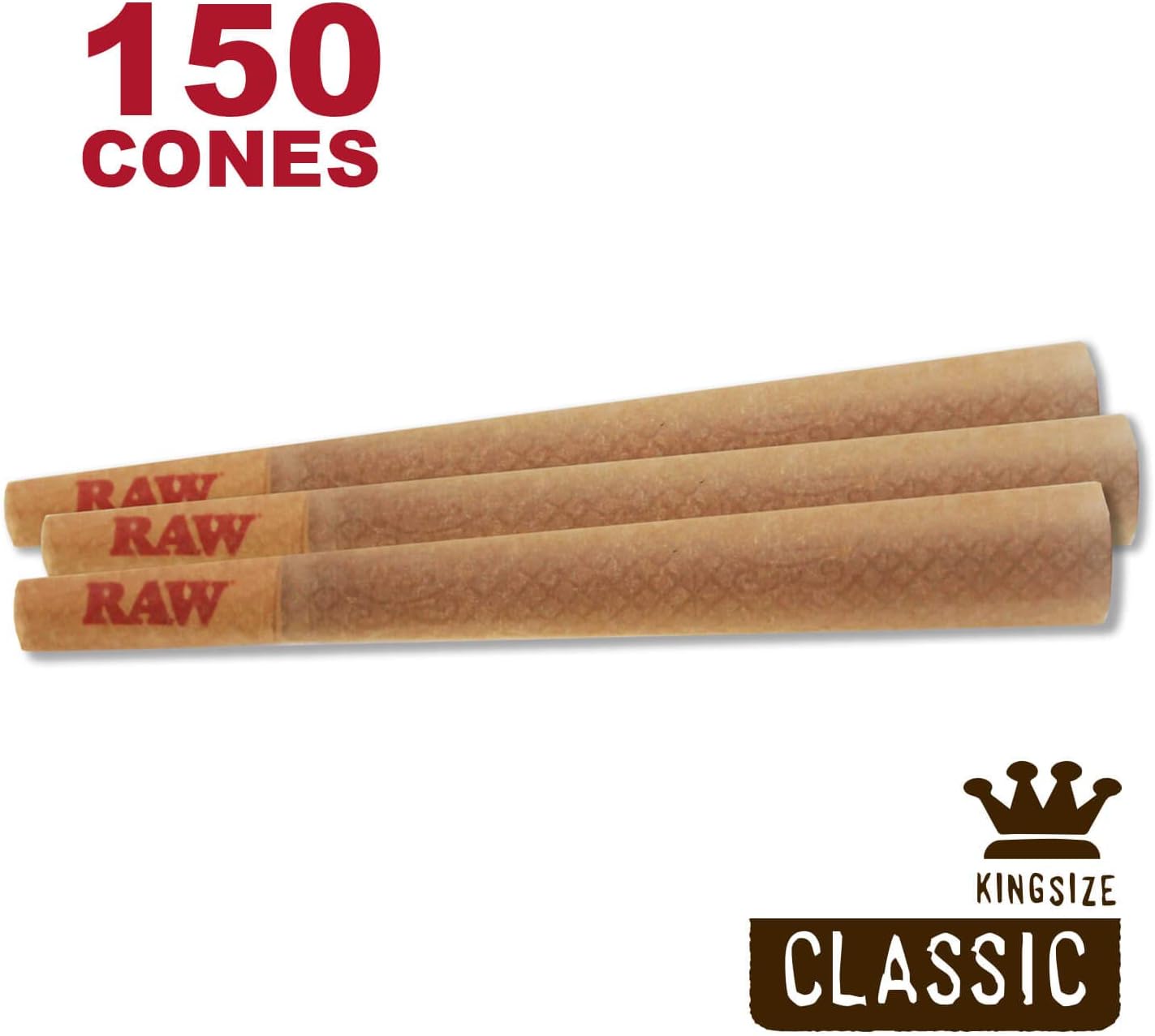 RAW 150 Classic King Size Cones - W Gallery Scoop Sticker - Discreet Box - Pure Hemp 109mm Pre Rolled Cones - 26mm Filter Tips - Natural Brown Unbleached Unrefined Rolling Papers - Bulk Pack Bundle