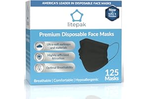 Litepak 125-Pack Disposable Face Mask Premium Comfort Earloops with Dispenser Box (Black)