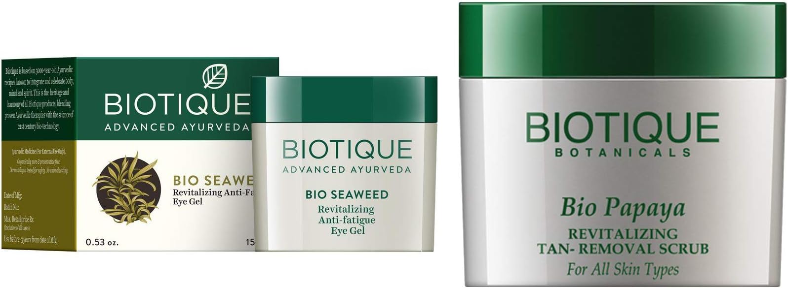Biotique Bio Seaweed Revitalizing Anti Fatigue Eye Gel, 15g And Biotique Bio Papaya Revitalizing Tan Removal Scrub, 75g