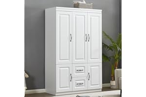 Sophshelter Wardrobe Armoire Storage Cabinet Wood: 3 Door 2 Drawers White Closet Wardrobe for High Storage Capacity with 3 Shelves and Metal Handles for Tall Cabinet Closet