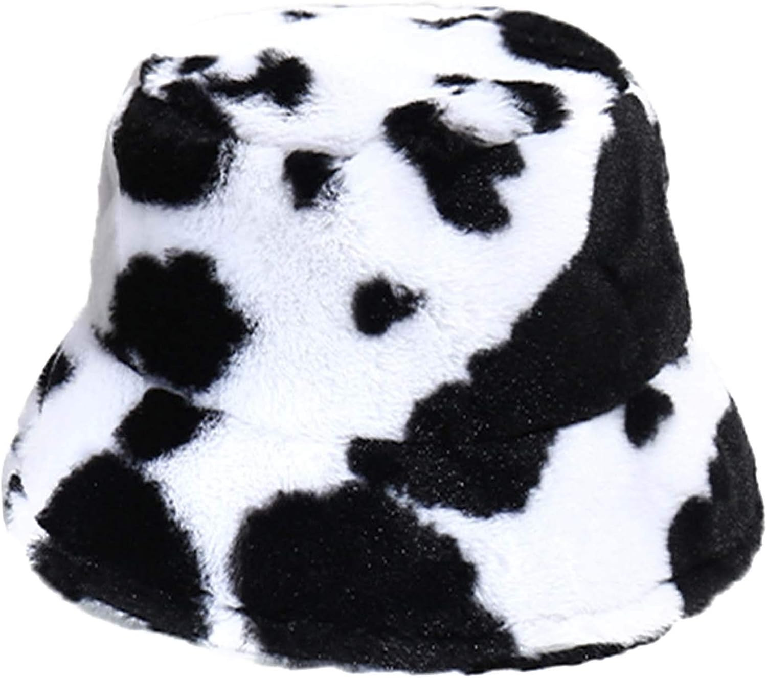 Elibeauty Cow Print Bucket Hat for Women, Cute Pattern Faux Fur Cap for
