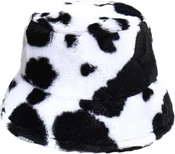 Elibeauty Cow Print Bucket Hat for Women, Cute Pattern Faux Fur Cap for