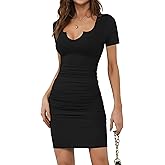 Missufe Women's Short Sleeve V Neck Ruched Bodycon Summer Casual Short T Shirt Dress