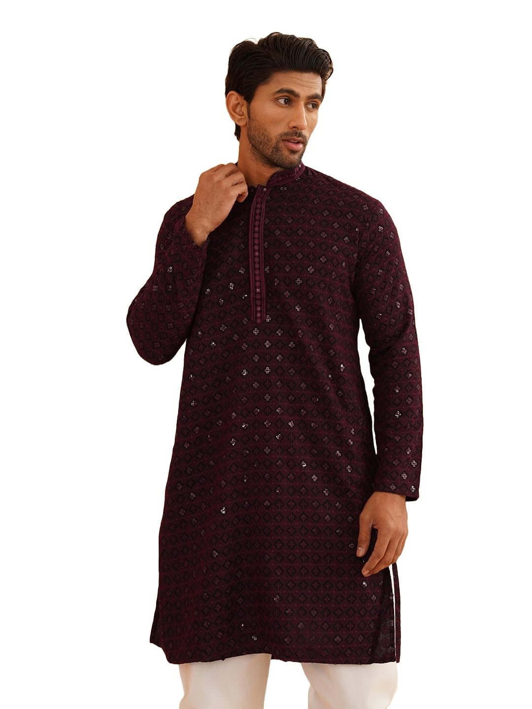 Photo 1 of Sojanya (Since 1958 Men'S Cotton Contrast Embroidered Sequinned Purple Long Kurta