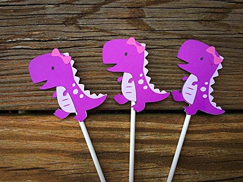 12 Pink &amp; Purple T-Rex Dinosaur Cupcake Toppers