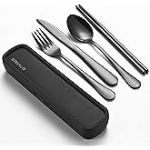Travel Utensils with Case, Stainless Steel Camping Cutlery Set, Reinforced Case with Snap-Lock Closure, 5-Pcs Include Fork Spoon Knife Chopsticks, Portable Lunch Box for Picnic Office School, Black