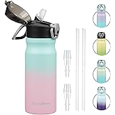 Konokyo Insulated Water Bottle with Straw and Carry Loop,18 oz Stainless Steel Double Wall Vaccum Metal Water Flask with Leak-proof Lid,Gum
