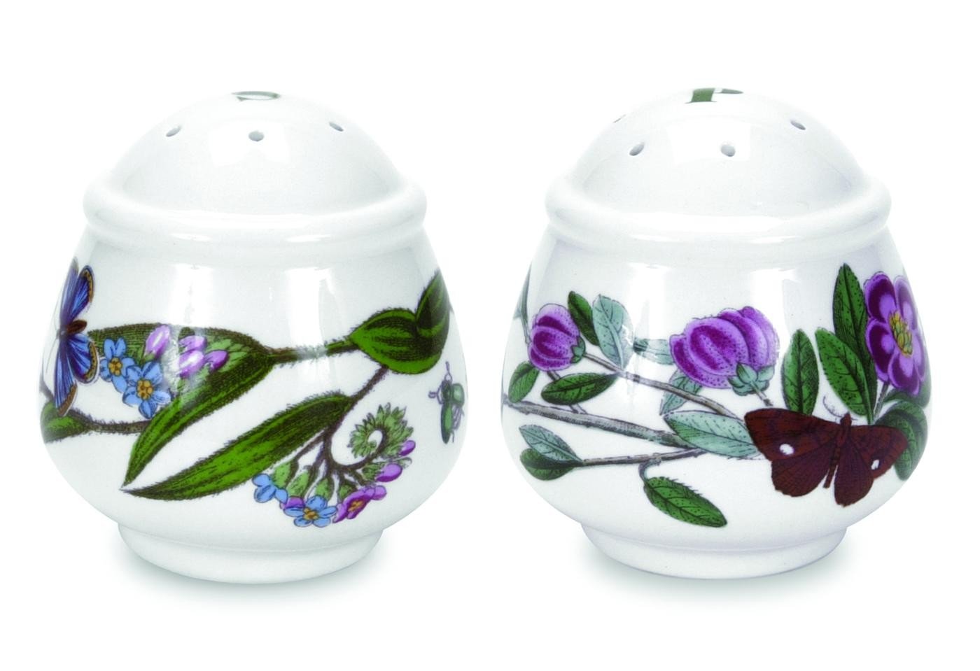 Portmeirion x Botanic Garden Salt and Pepper Pots, Romantic Shape, Earthenware Floral Design with Rhododendron and Forget Me Not Motifs, Made in England, 7cm