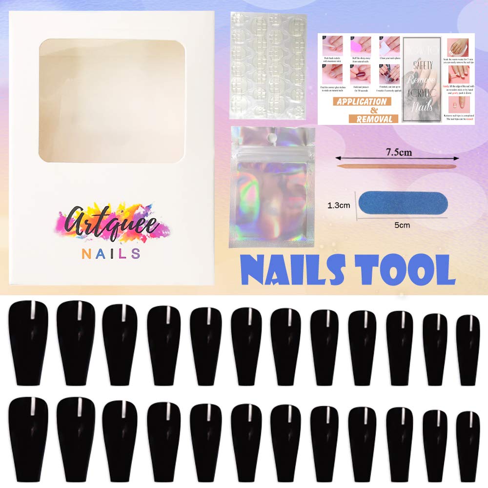 Artquee 24pcs Black Pure Color Ballerina Long Coffin Glossy Fake Nails Press on Nail False Tips Manicure for Women - Image 6