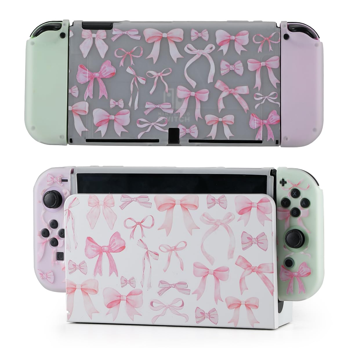 Casosexplorelab Protective Case for Switch OLED, Silicone Cover Shell Compatible with Nintendo Switch OLED Dockable Case Cozy Accessory Full Protection for Controller & Joy con-Pink Coqutte Bow