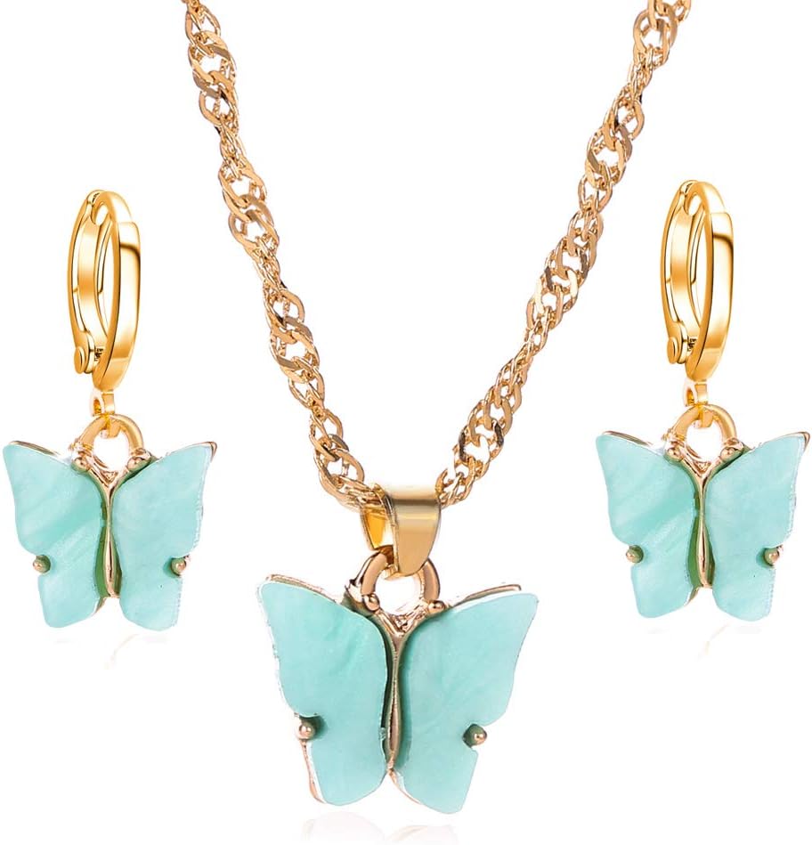 Butterfly Hoop Earring Pendant Necklace,Acrylic Animal Butterfly Necklace Huggie Drop Earrings Set,Simple Charm Colour Suit for Women Teens Girls