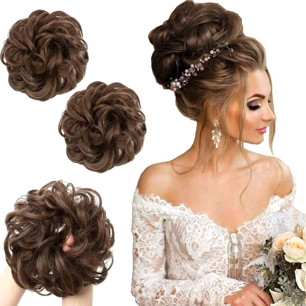 PORSMEER 2 Pieces Brown Messy Buns Extensions Curly Wavy Elastic Easy Scrunchies for Women Girls Large Synthetic Donut Updo Hair Pieces Chignons — image 1