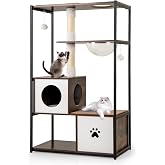 Tangkula Modern Cat Tree, 52 Inch Multi-Level Cat Tower with Metal Frame, 2 Wooden Condos, Sisal Scratching Posts, Detachable Cushion &amp; Mats, Dangling Balls, Space Capsule Nest for Indoor Cats