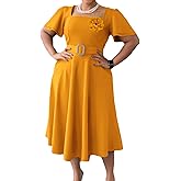 Elainone Women's Ruffle Short Sleeve Swing A Line Dress Party Wedding Guest Dressy Semi Formal Business Casual Dresses