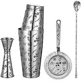Cocktail Shaker Set - 5-Piece Bar Accessories Kit w/Weighted Boston Shaker, Strainer, Jigger, Mixing Spoon with Etched Skull Rose Pattern