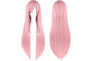 IMISSU 80cm Long Straight Natural Hair Cosplay Wigs with Bangs Colorful Halloween Costume Party Wig for Girl (Pink)