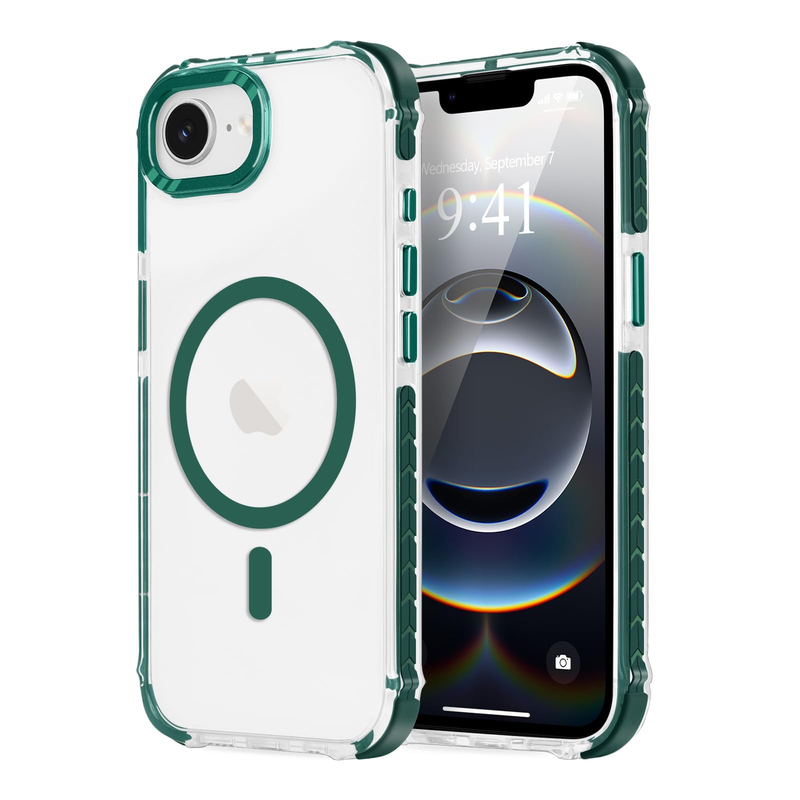 LLZ.COQUE Magnetic for iPhone 17e for iPhone 16e Case, Compatible with Magsafe, Bumper Military-Grade Protective Cover, Slim Shockproof Anti-Scratch Transparent Men Women Phone Case 6.1", Clear Green