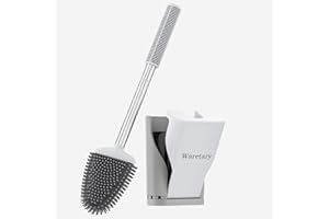 Waretary Silicone Toilet Brush and Holder, Automatic Open and Close Flexible Toilet Brushes for Bathroom, Ventilated Quick Dry Toilet Cleaner Brush for Toilet Scrubber Cleaning(White&Grey)