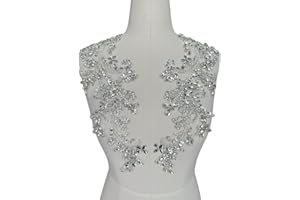 PLUNE Handmade Shining Rhinestones lace Applique Patches Sewing Beads Sequins Stone Trim Accessories for Wedding Dress one Pair/Bag (Silver)