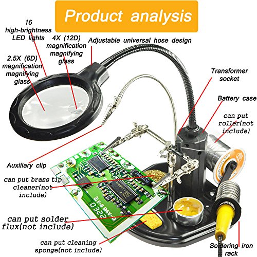 AORAEM 2.5Xï¼ˆ6Dï¼‰4Xï¼ˆ12Dï¼‰LED Lamp Helping Hands Magnifier Station,Magnifying Glass Stand with Clamp and Alligator Clips for Work and Hobby