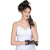 CAIYILA Fascinators Hat Flower Mesh Feathers Headband Derby Hat Clip Tea Party Headwear and Lace Gloves with Bows for Women
