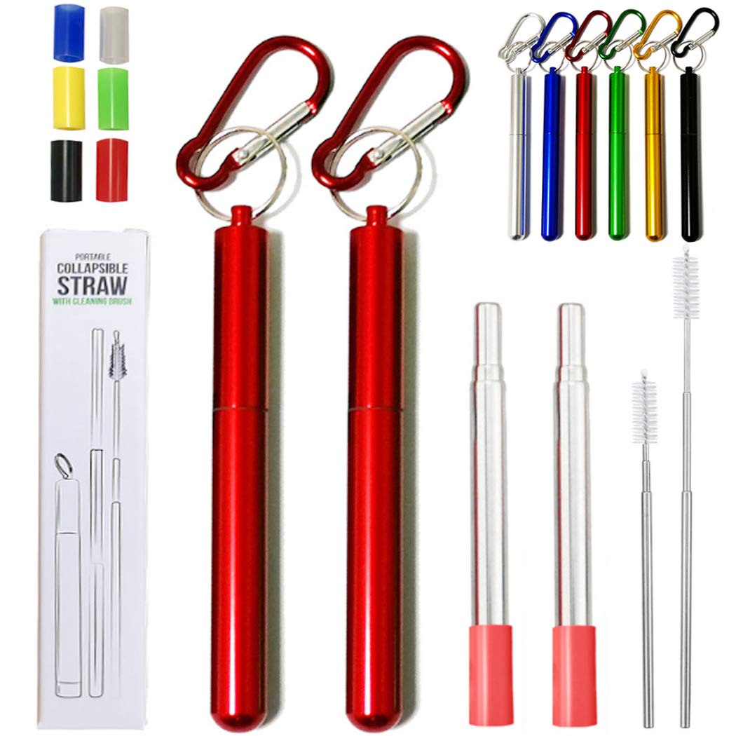 Hoshen 2 PCS Reusable Folding Metal Straws, Portable Telescopic Straws, Including Brushes and Silicone Heads (with Shell) - Red