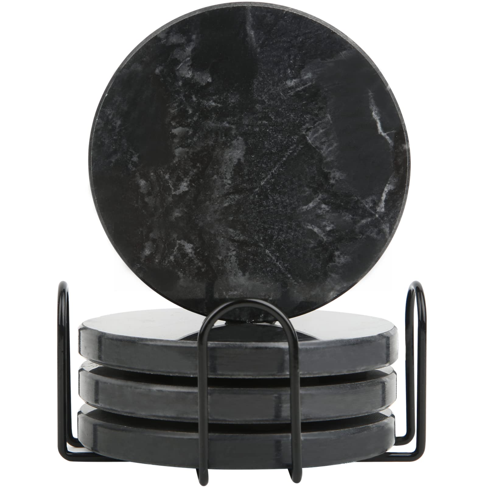 TransMarble Coasters for Drinks with Metal Holder-Made of Selected Natural Marble as Luxury Home Decor Gifts (Set of 4pcs) (Round, Wavine Grey)