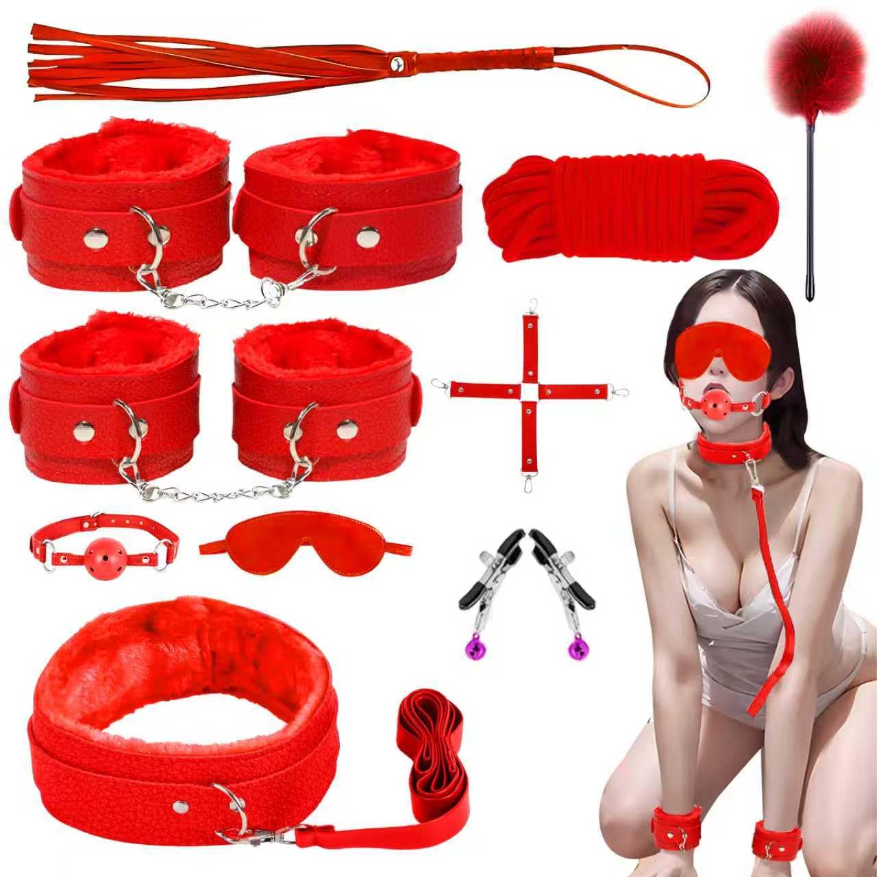 Photo 1 of 10 PCS Sex Bondage BDSM Kits Restraints, Fetish Handcuffs Ankle Cuff Collar Blindfold Whip Rope Nipple Clamps Paddle Anal Toys Ball Gag Adult Games Foreplay Toys for Couples (RED)