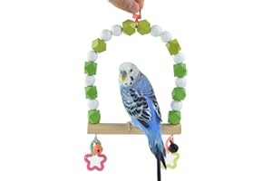 GUANLANT Wooden Bird Swing Perch for Parakeet, Small Birds Hanging Cage Stands Cockatiels Parrot Colorful Beads Bell Trainning Toy Playground Gym Accessories for Lovebirds Conures Budgies