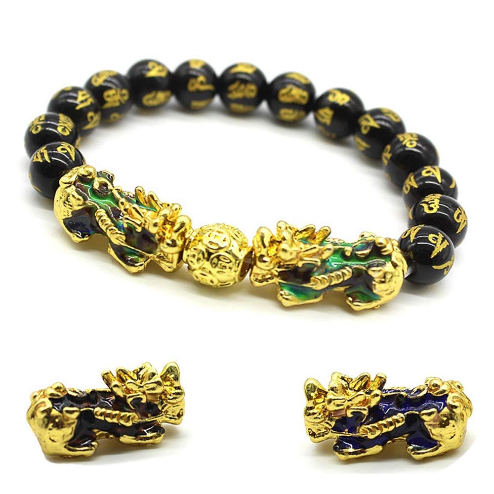 MANRUO Feng Shui Black Obsidian Wealth Bracelet Color Changed Pi Xiu Bracelets Dragon Mantra Bead Bangle Attract Wealth and Good Luck for Men/Women