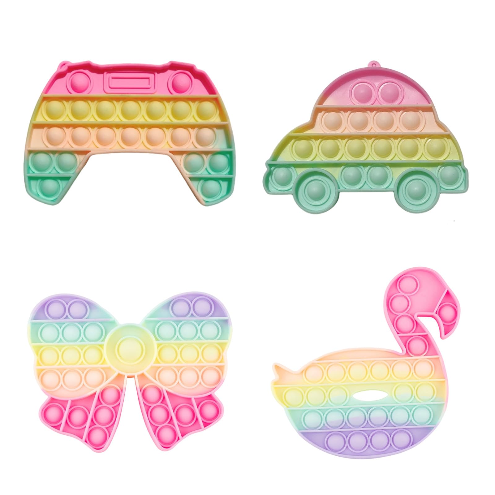 4Pcs Fidget Popper, Rainbow Sensory Fidget Toy Set, Stress Relief and Focus Tool for Classroom Activities and Office Use, Collection Featuring Game Controller, Car, Bow and Swan Designs