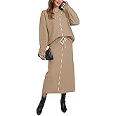 Pink Queen 2025 Women's 2 Piece Sweater Set V Neck Rib Knit Long Sleeve Maxi Bodycon Skirt Casual Outfits