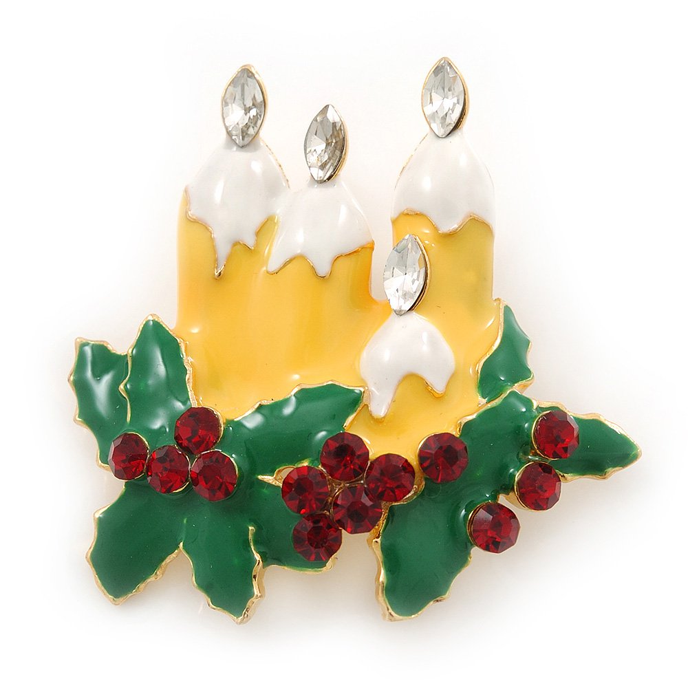 Holly and Christmas Yellow, Whtie, Green Enamel Candles Brooch In Gold Plating - 43mm Length